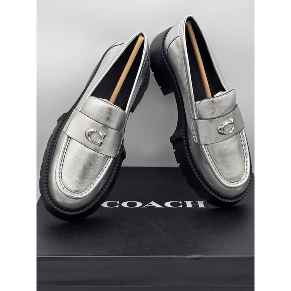 Coach Leah Metallic Leather Silver Loafers Chunky Heel SIZE 8.5 B NEW MSRP $195 main image 0